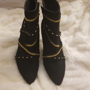 Stuart Weitzman Black and Gold Suede Ankle Boots